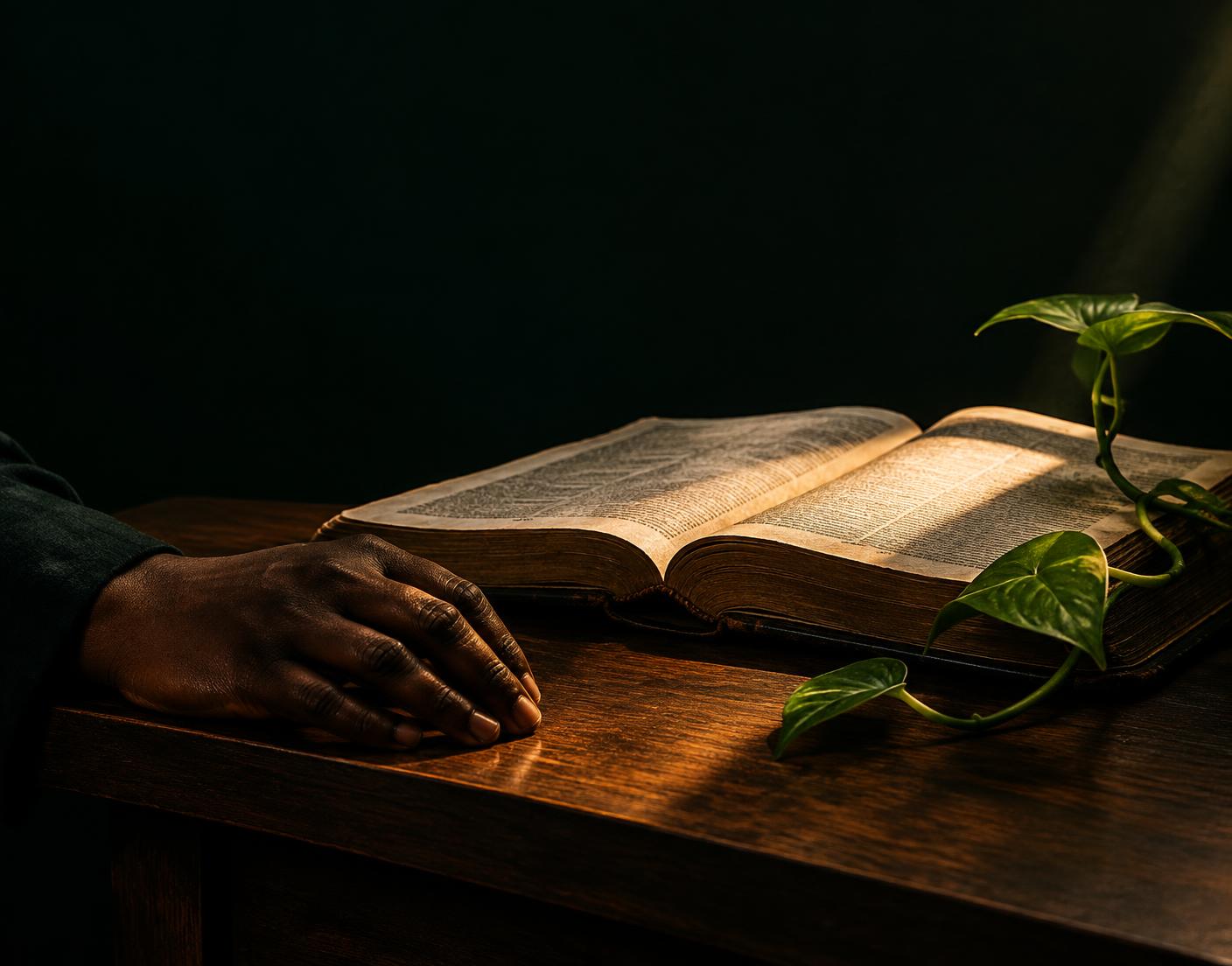 An open Bible beside a living vine in warm light